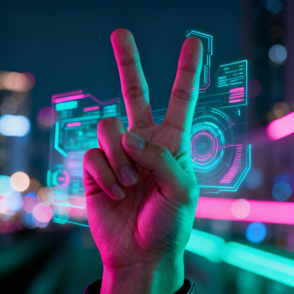 AI peace sign hand with neon cyberpunk glow