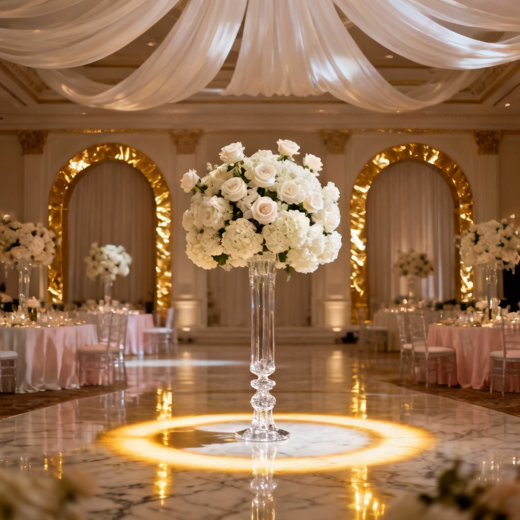 AI elegant ballroom wedding background with gold accents