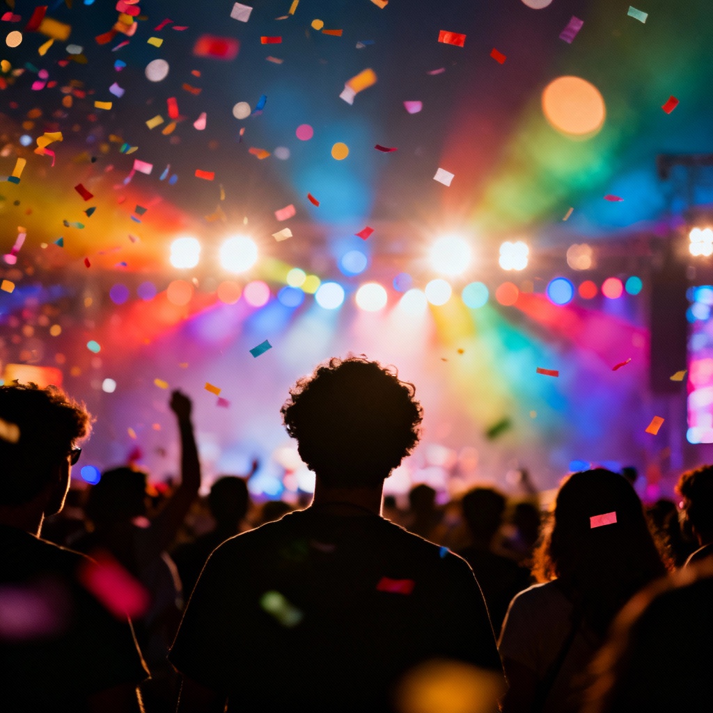 AI festival atmosphere with confetti and rainbow bokeh