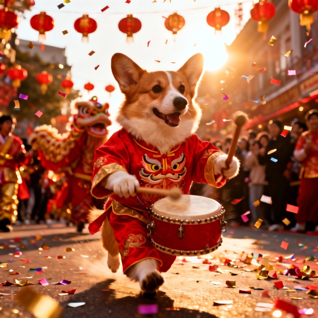 AI corgi in red tang suit drumming at CNY parade