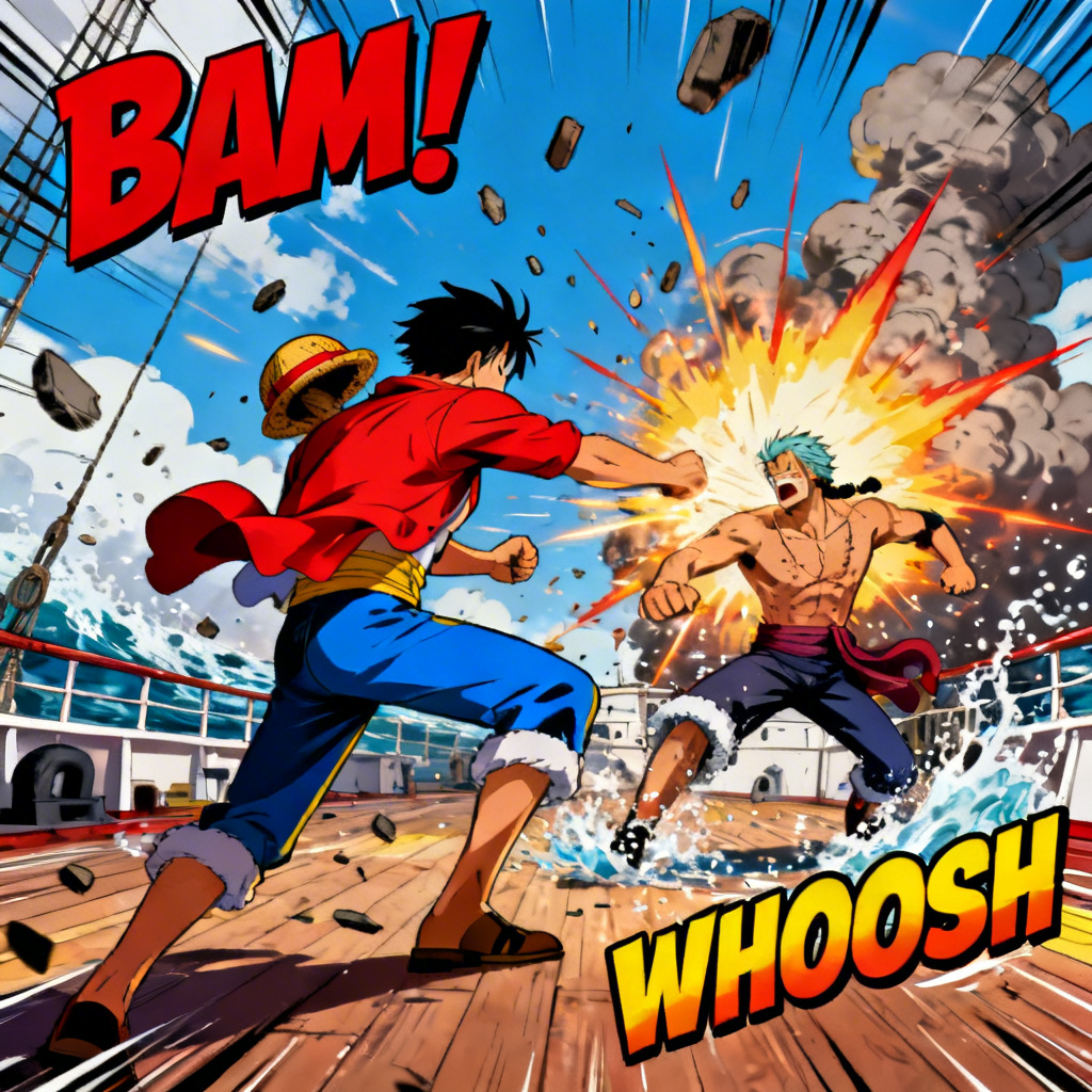 AI One Piece battle poster with dynamic action and manga effects