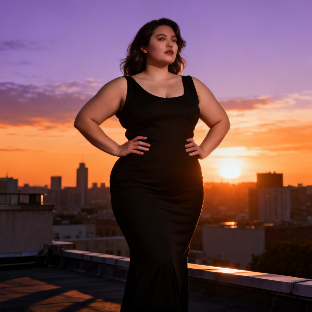 Chubby girlfriend evening rooftop portrait in sunset light