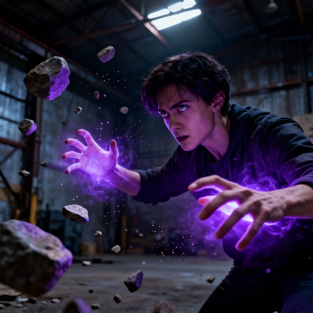 AI telekinetic superhuman levitating objects with violet aura