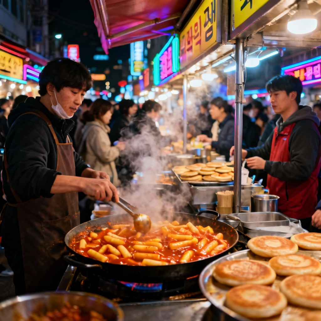 AI Seoul street food night market with neon and steam