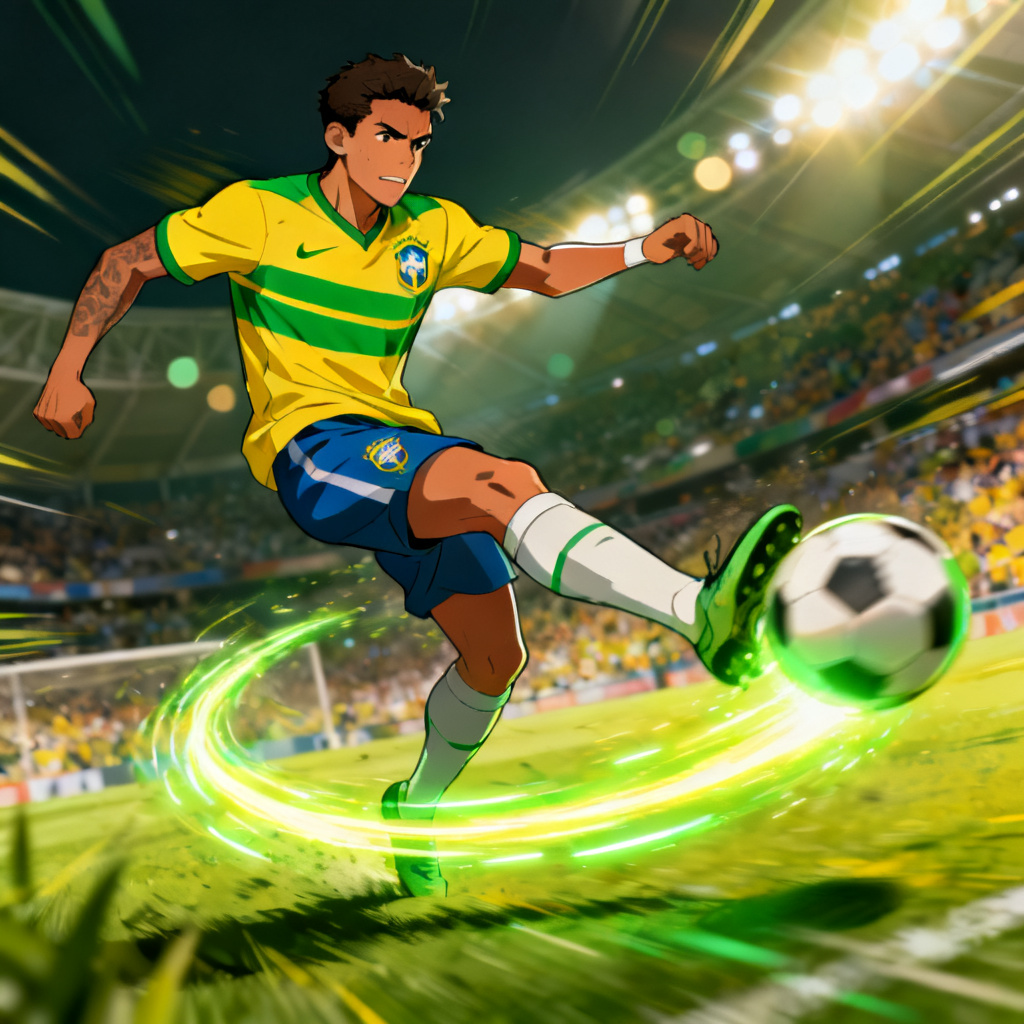 Anime-style Brazil striker silhouette with dynamic speed lines