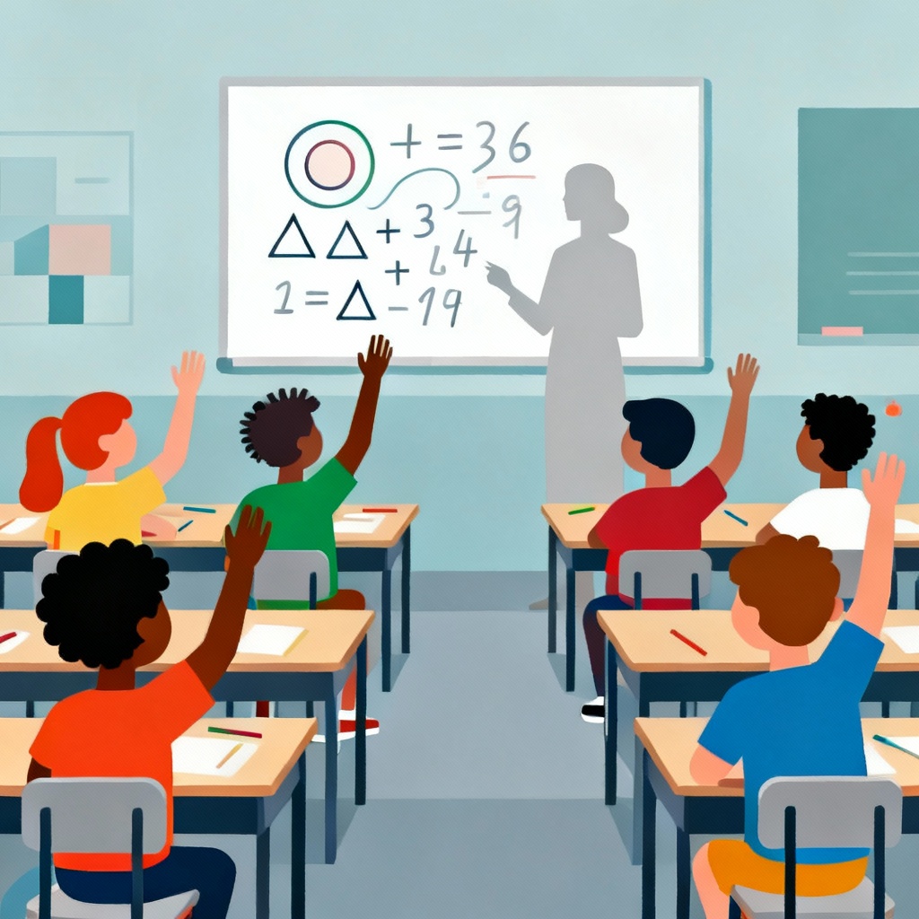 Vector classroom with kids raising hands