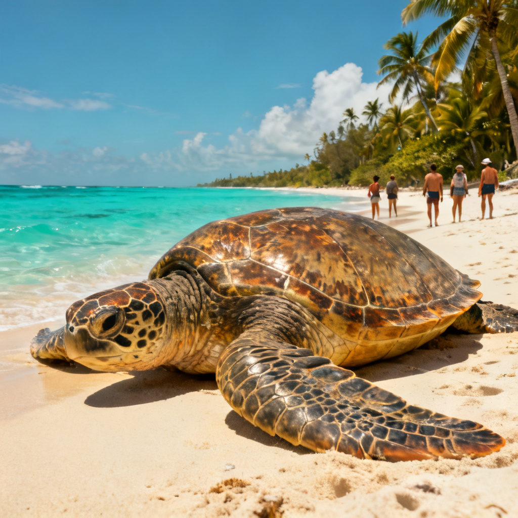 Huge sea turtle resting on a sunny beach with tourists