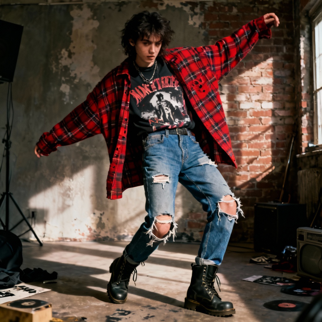AI 90s grunge outfit with plaid flannel and denim