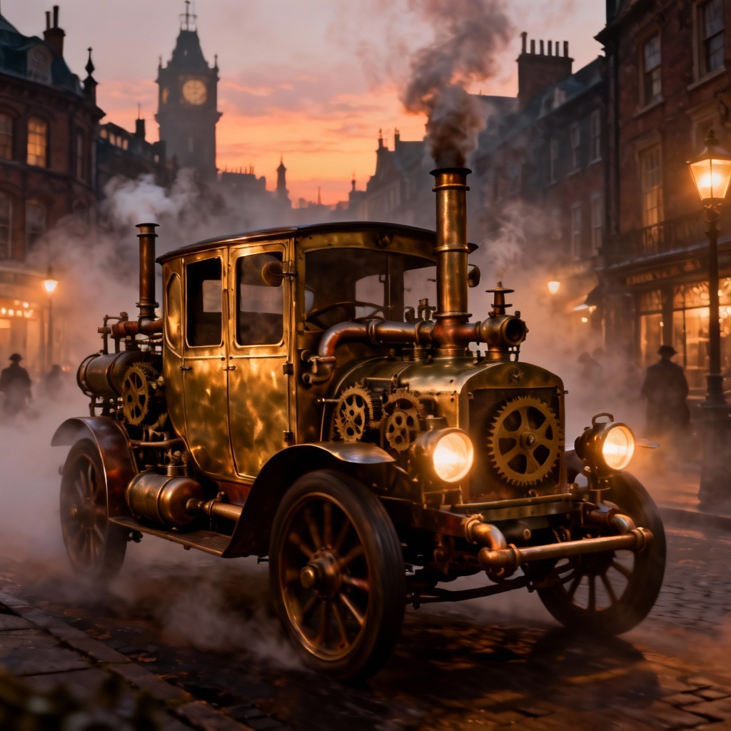 AI steampunk vintage car concept in Victorian city