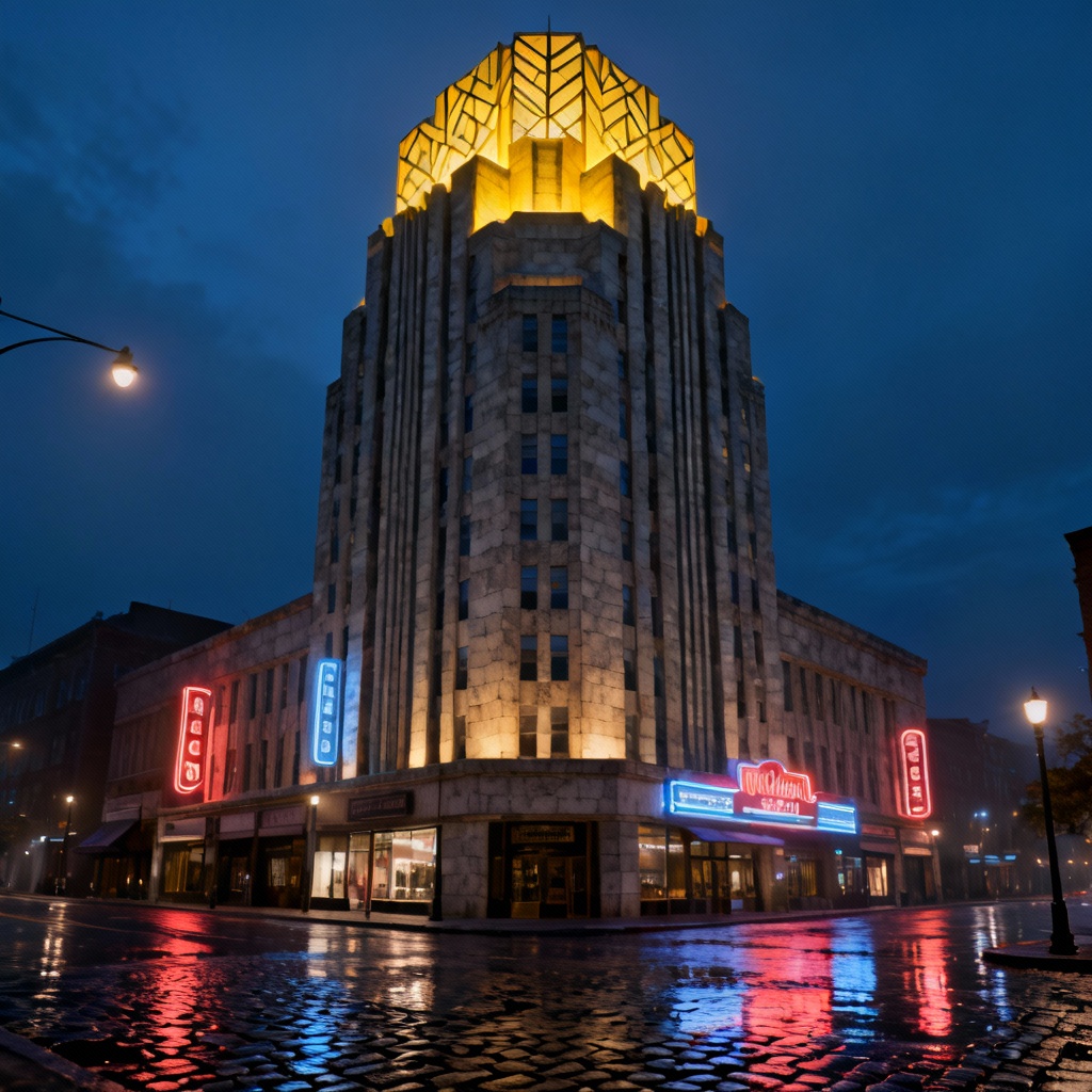 Art deco high-rise night render with illuminated crown and setbacks