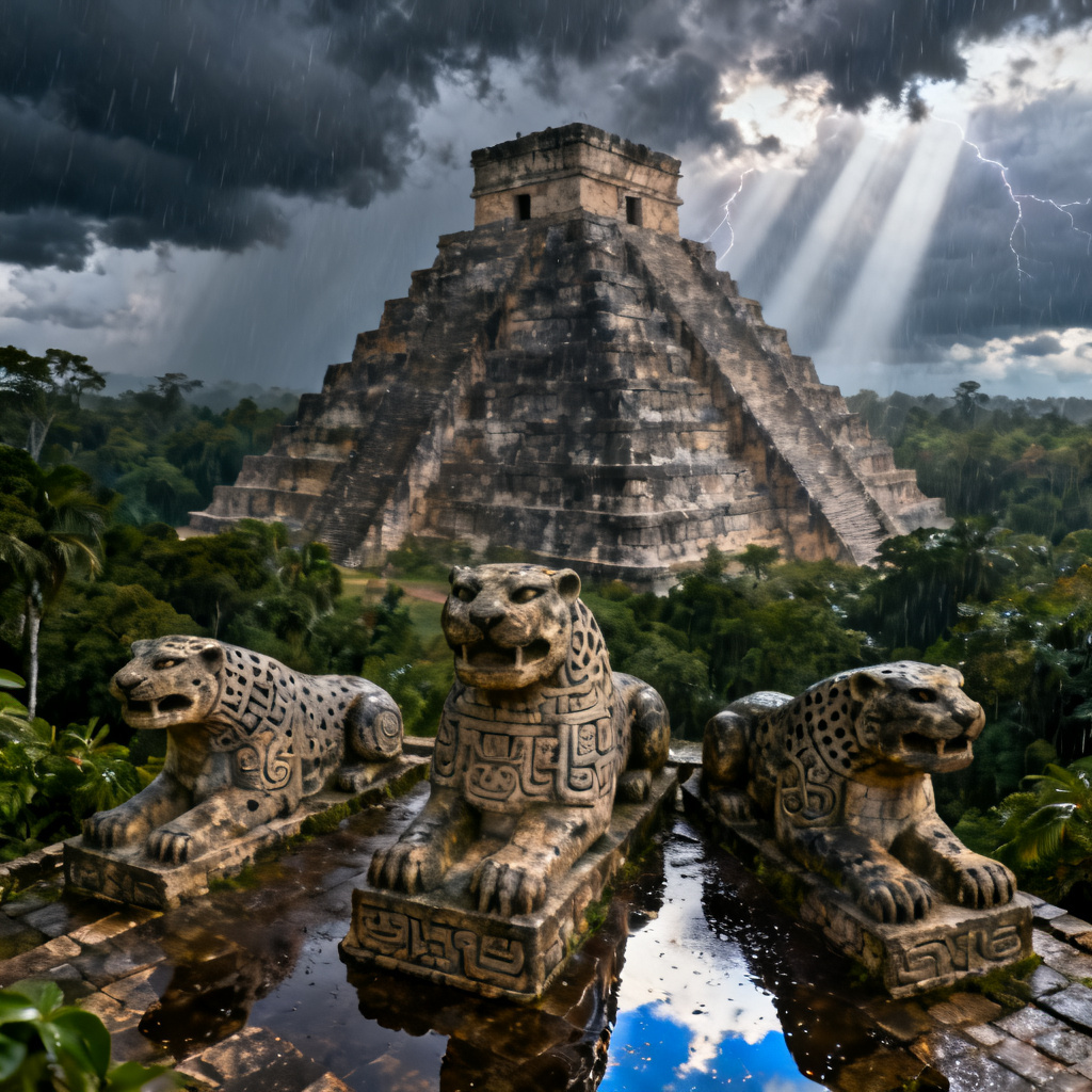 AI Mayan temple pyramid under storm clouds