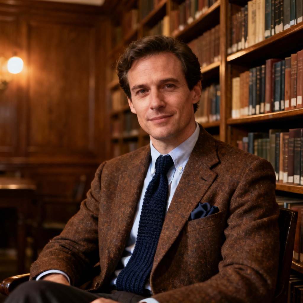 AI old money gentleman in tweed at a classic library