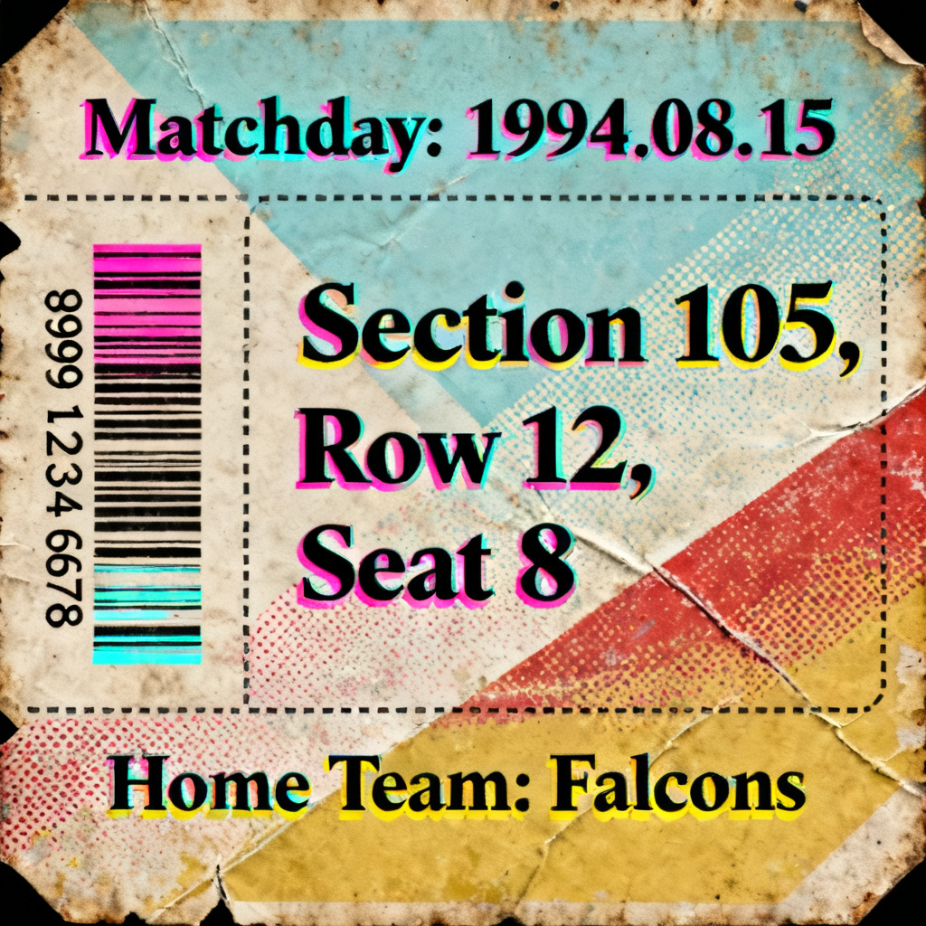 Retro 90s collector-style soccer ticket with vintage textures