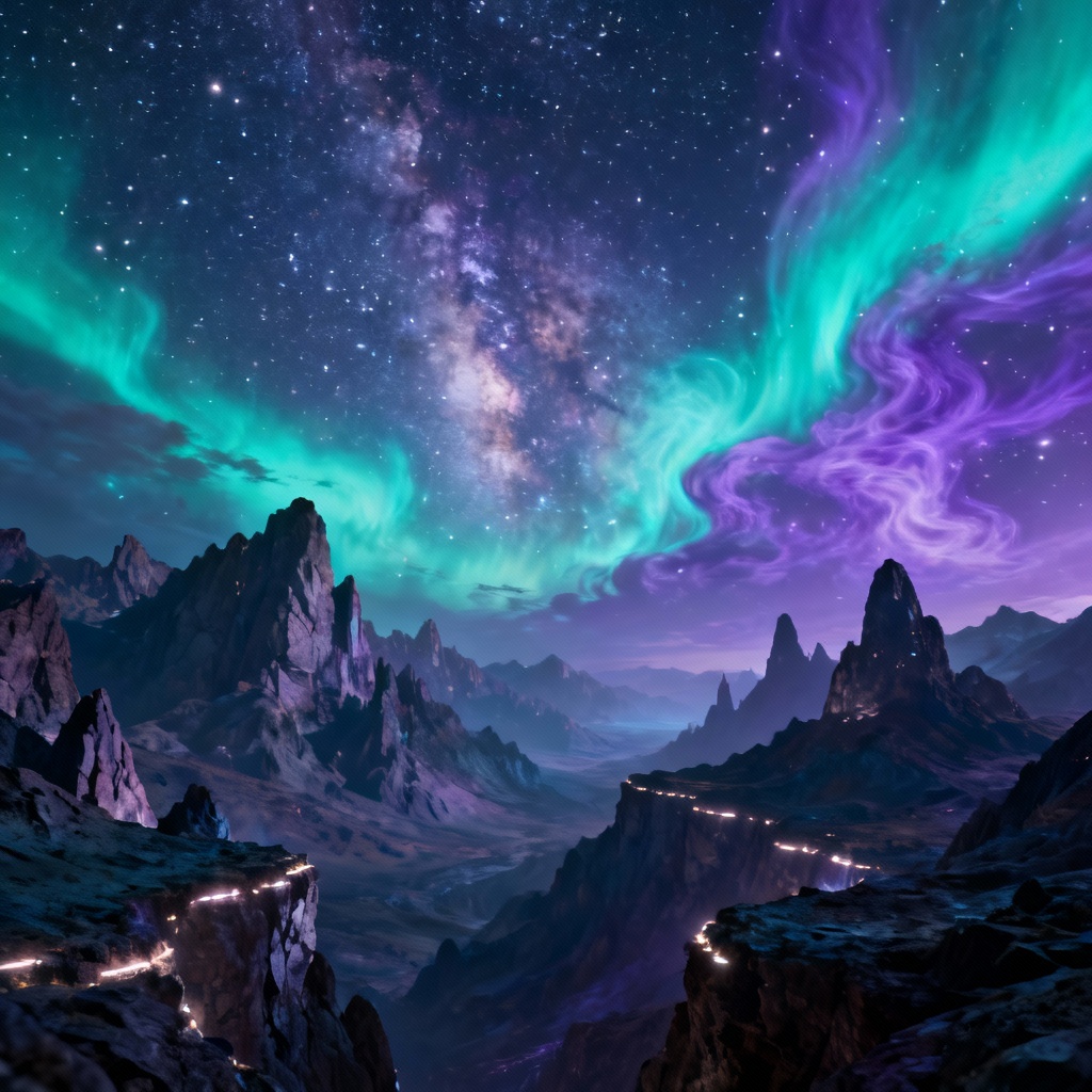 AI nebula landscape with aurora colors over rocky valley