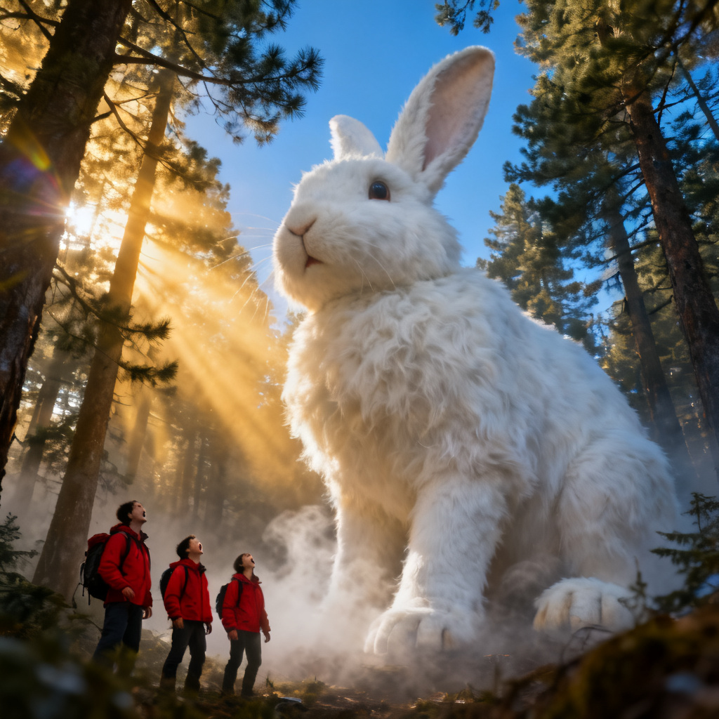 Elephant-sized bunny in misty forest with hikers