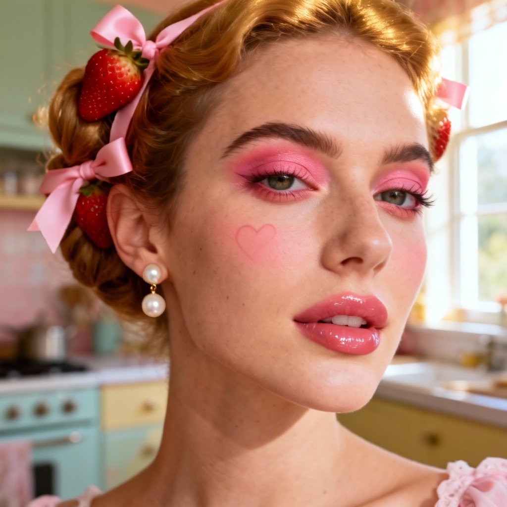 AI strawberry coquette portrait with bow headband and heart blush