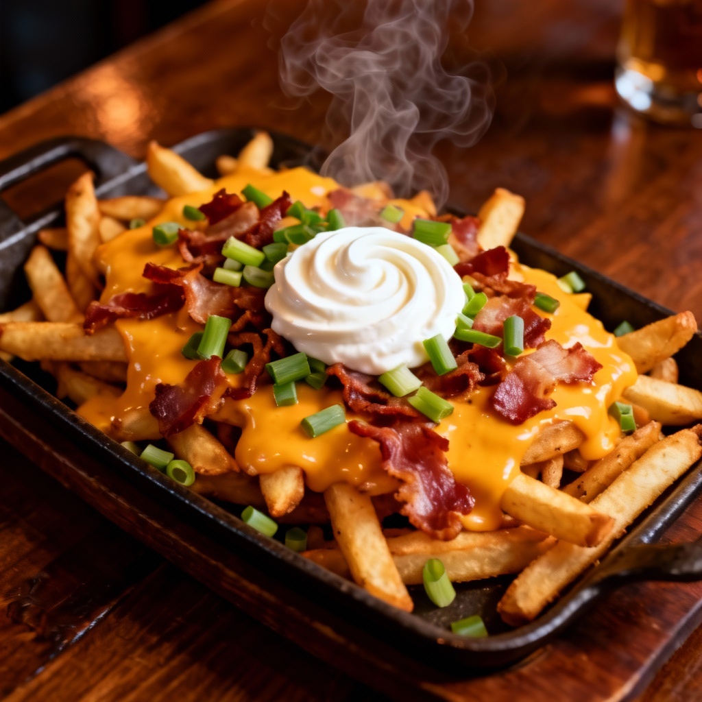AI loaded cheese fries platter top view