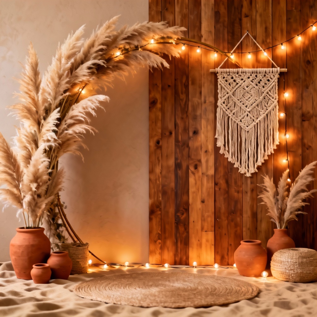 AI boho rustic backdrop with pampas grass and macrame
