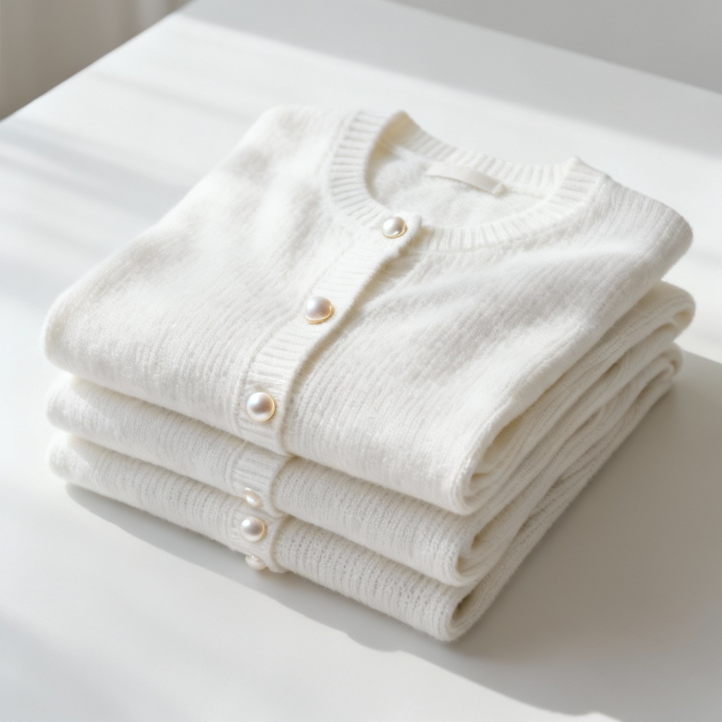 AI classic white cardigan sweater folded product shot