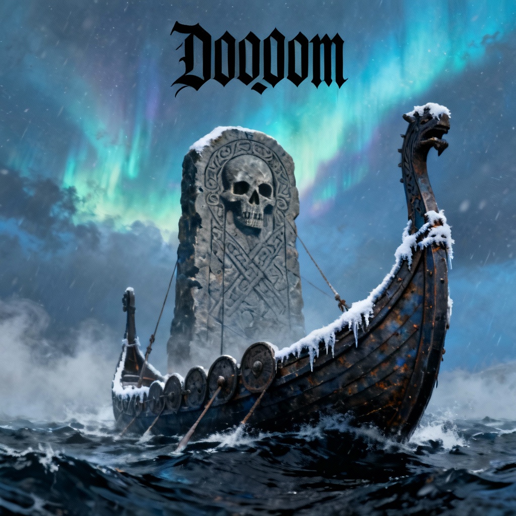 AI viking doom metal album cover with storm and runestones