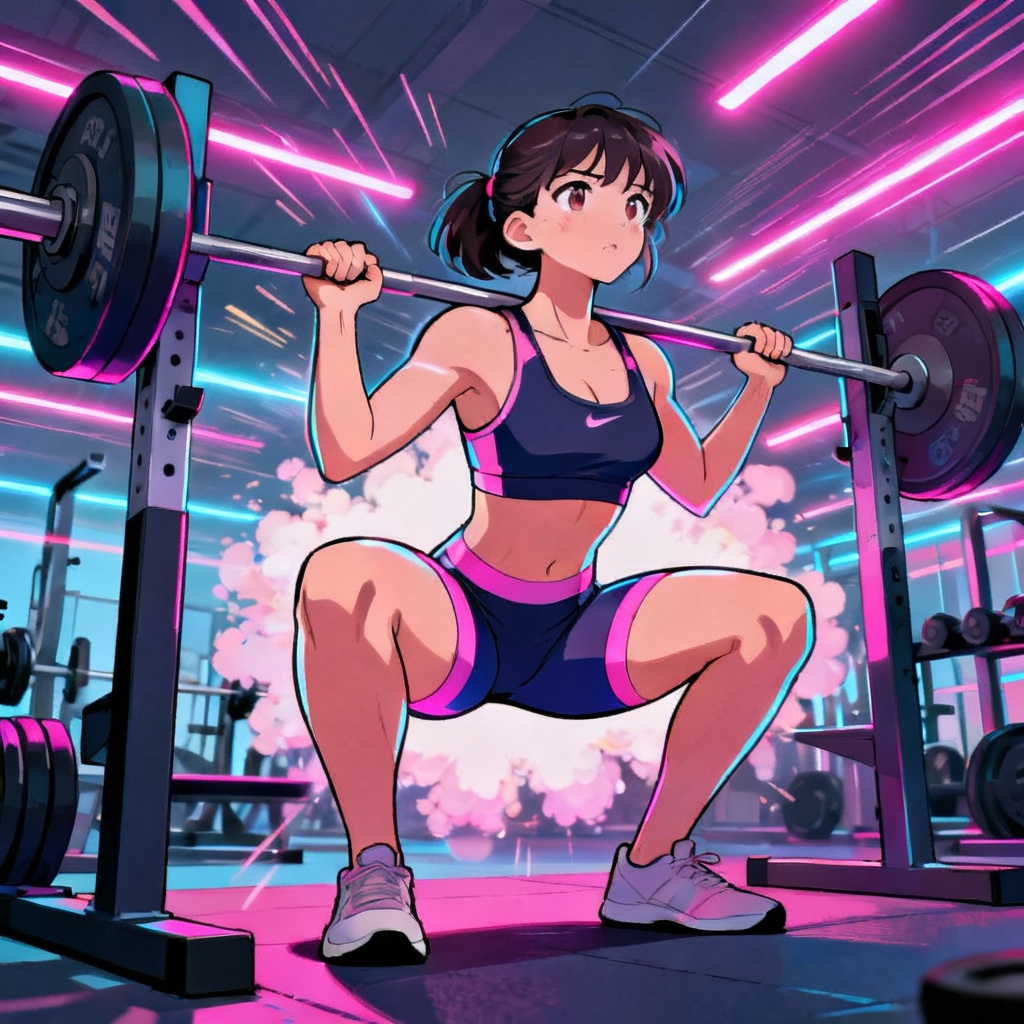 Anime gym girl doing a heavy squat