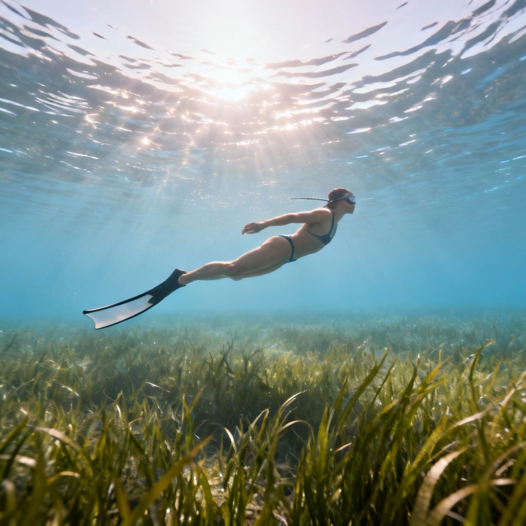 AI freediver gliding above seagrass meadow
