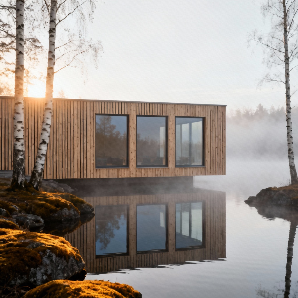 Scandinavian CLT lake house with pine cladding at sunrise