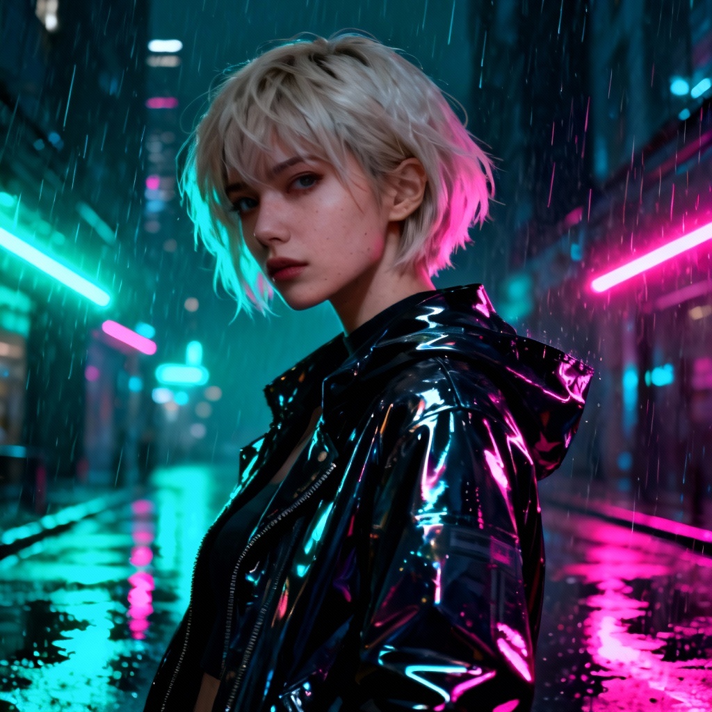 Cyberpunk ash blonde girl in neon-lit rainy city