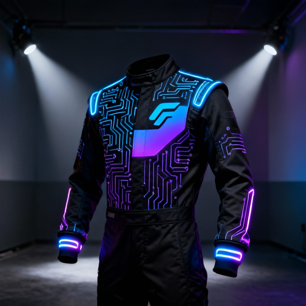 AI sim racing suit with neon circuit pattern