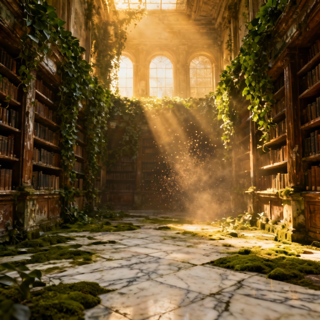 Moss-covered library interior reclaimed by nature
