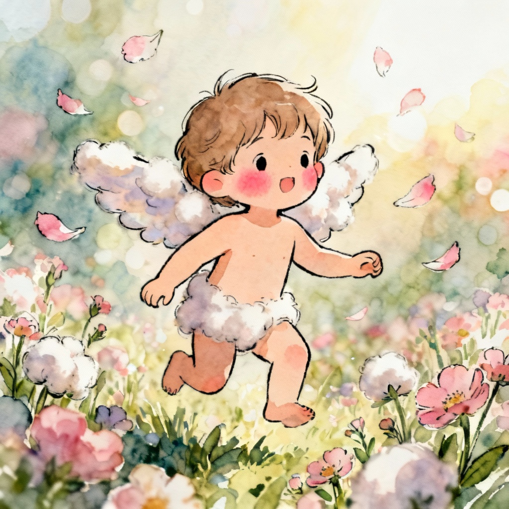 AI cherub in a pastel flower garden with soft bokeh