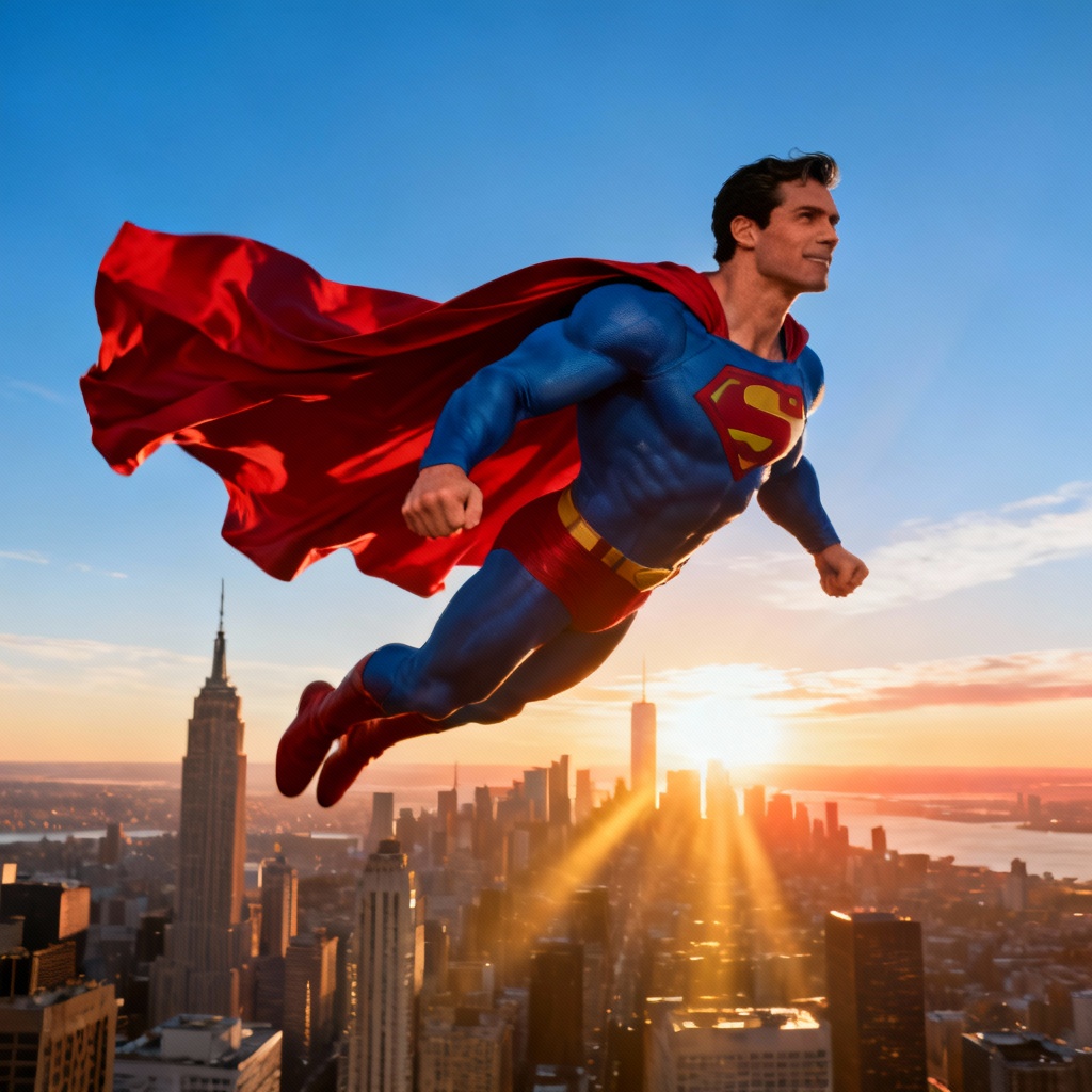 AI Superman flying over sunrise city