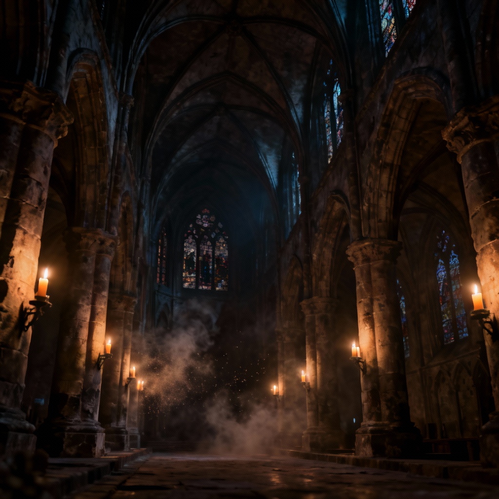Gothic cathedral lit by candles with dramatic shadows