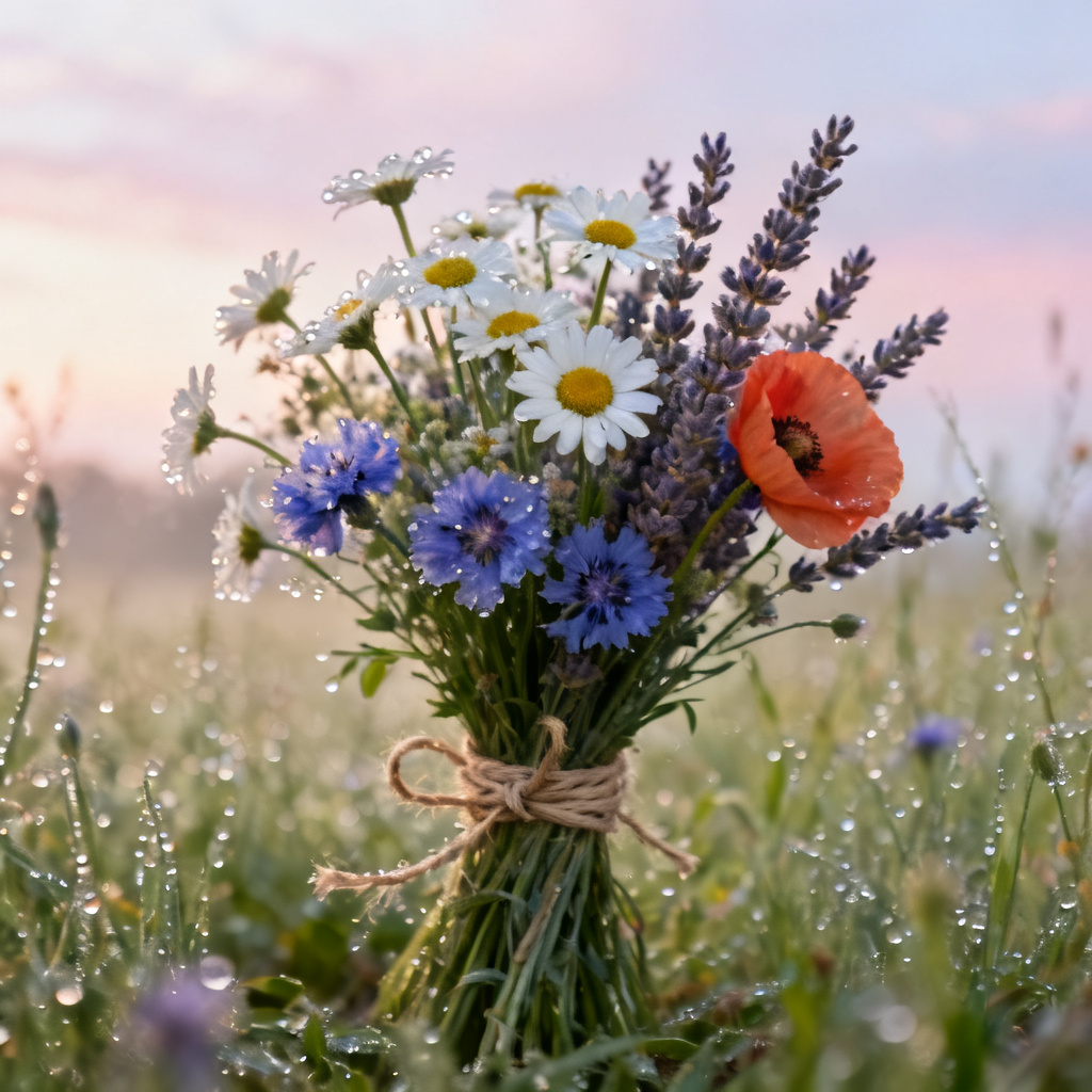 AI rustic wildflower meadow bouquet hand-tied with twine