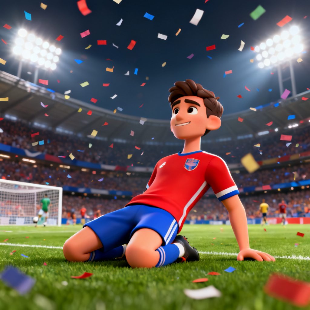 AI animated football player goal celebration under stadium lights