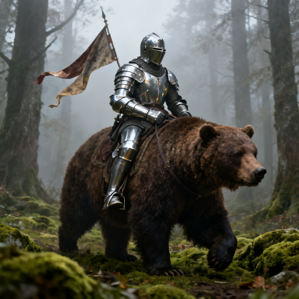 AI medieval knight riding a brown bear in a misty forest