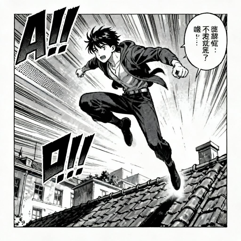 AI-generated manga action panel from a pencil sketch