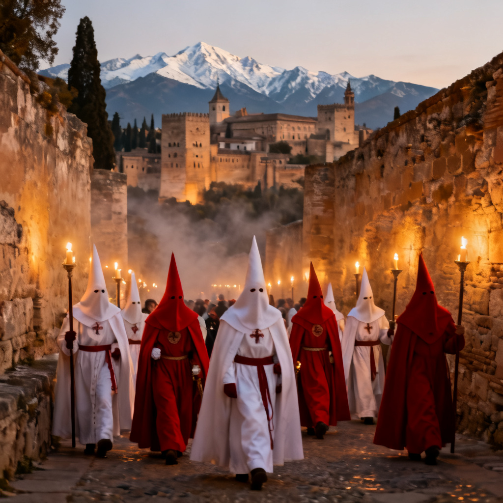 AI Granada Holy Week procession with Alhambra in background