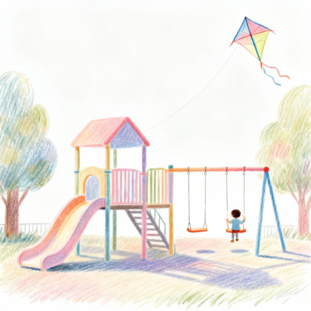 AI childlike pastel playground with slides and kites