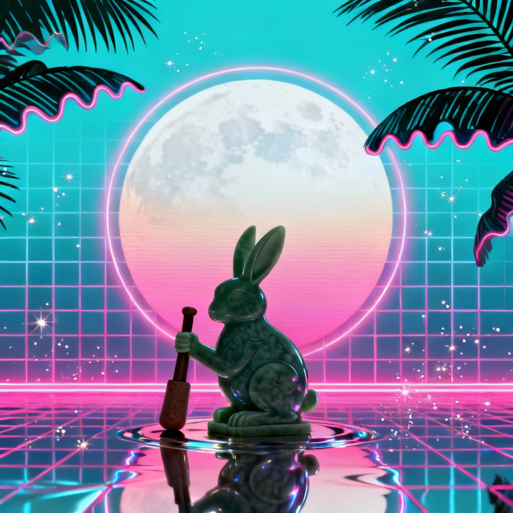 Vaporwave Jade Rabbit silhouette under neon moon