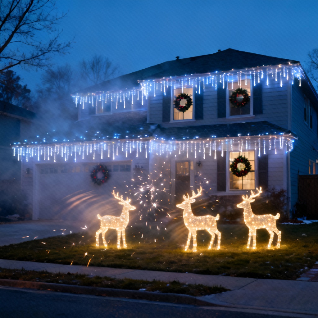 AI Outdoor Christmas Lights display with reindeer and wreaths