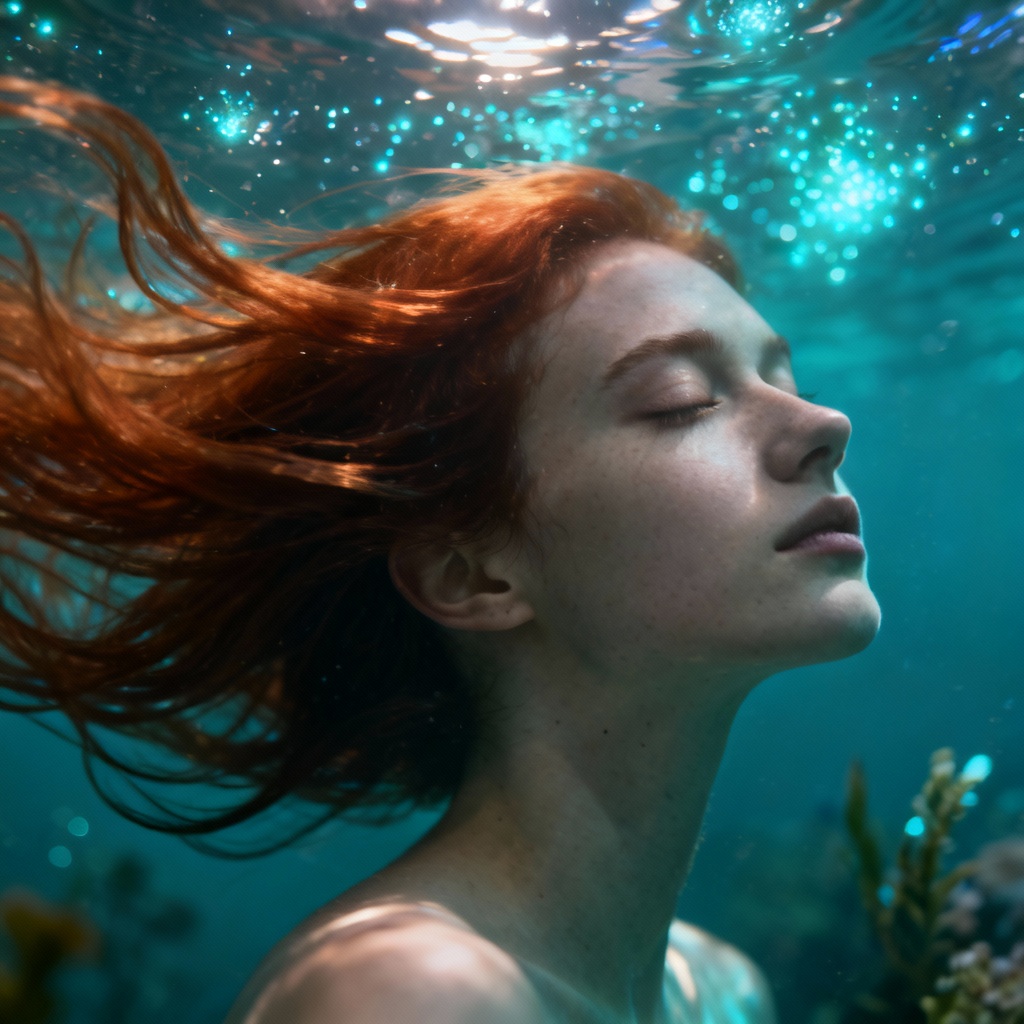 Underwater portrait with hair flowing in weightless motion