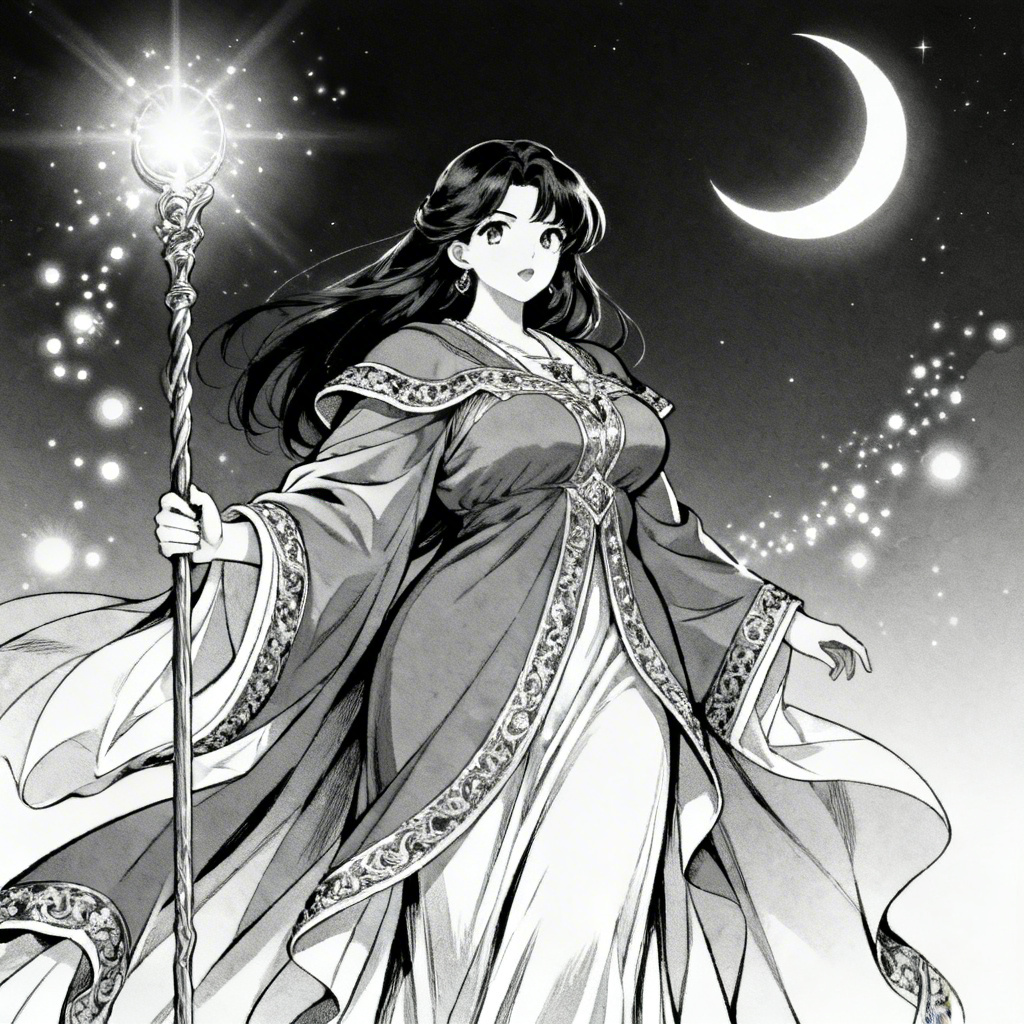 AI Manga Chubby Girl fantasy mage with glowing staff