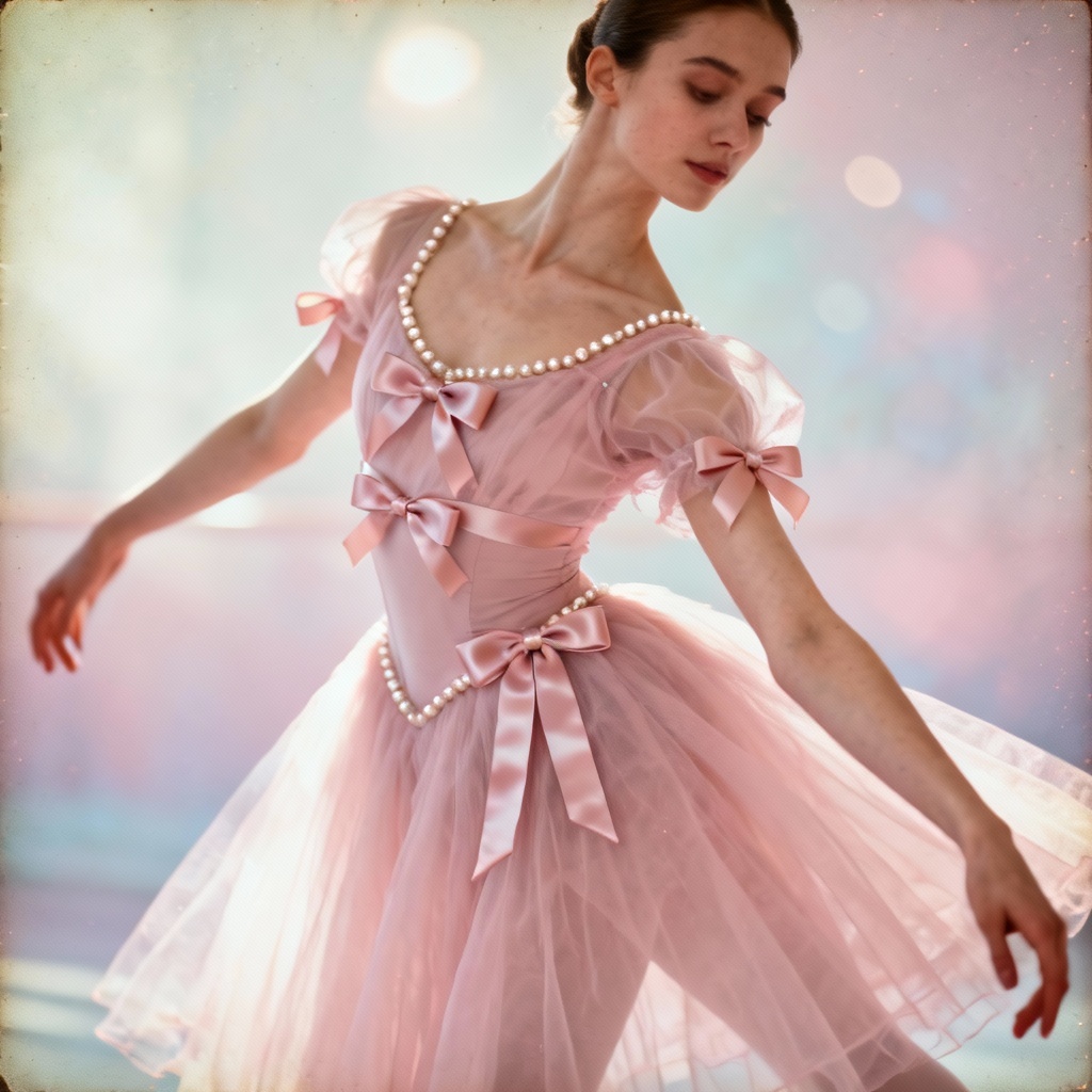 Dreamy balletcore portrait with tulle dress, ribbon bows, and pastel background
