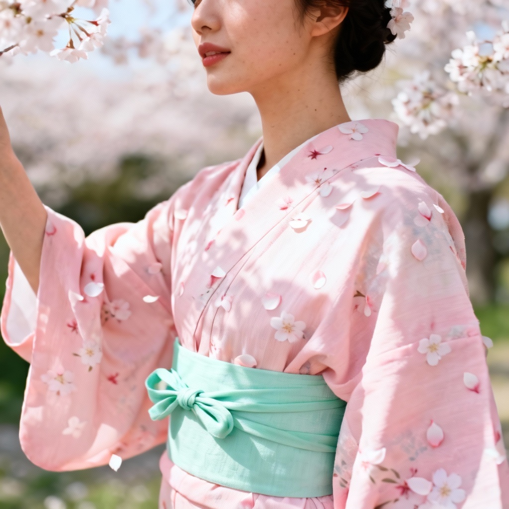 AI try-on in pastel pink sakura-pattern yukata and mint obi