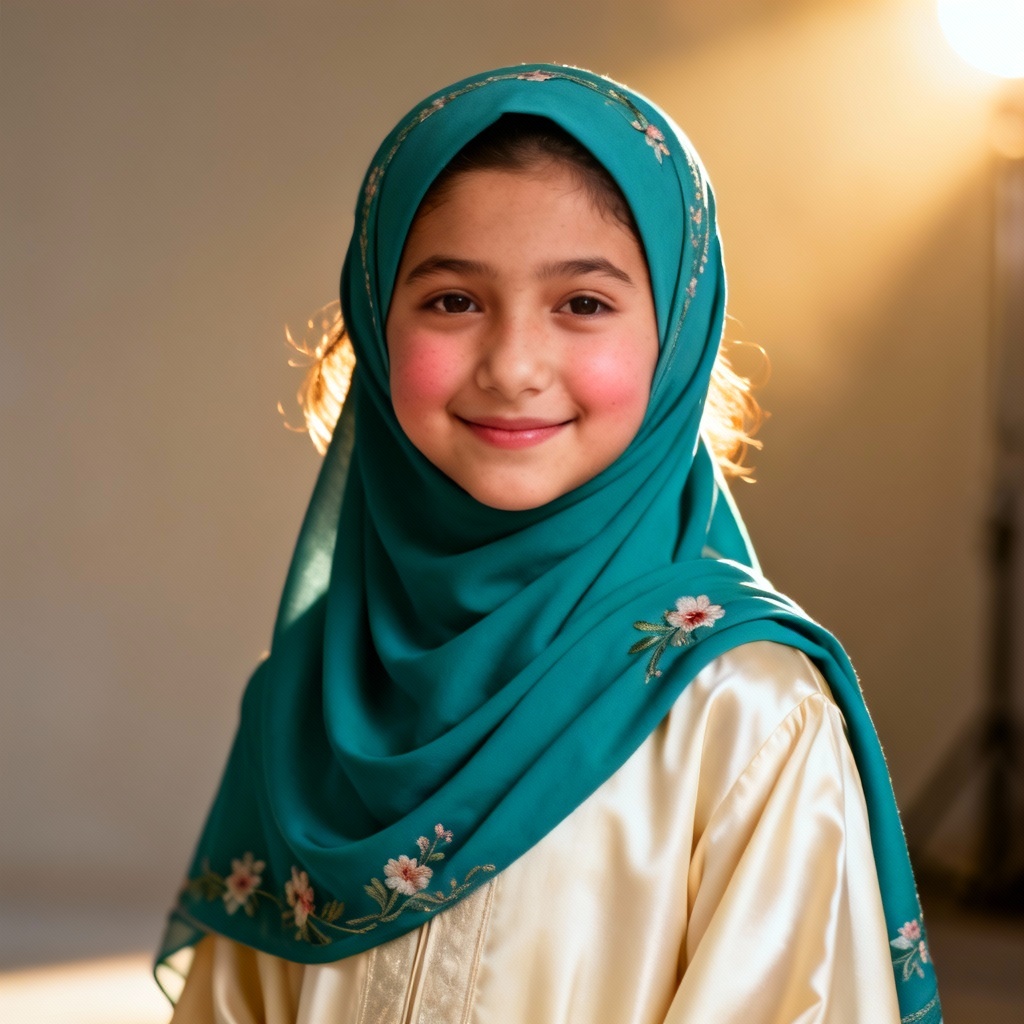AI portrait of a Muslim girl in teal hijab with soft studio light