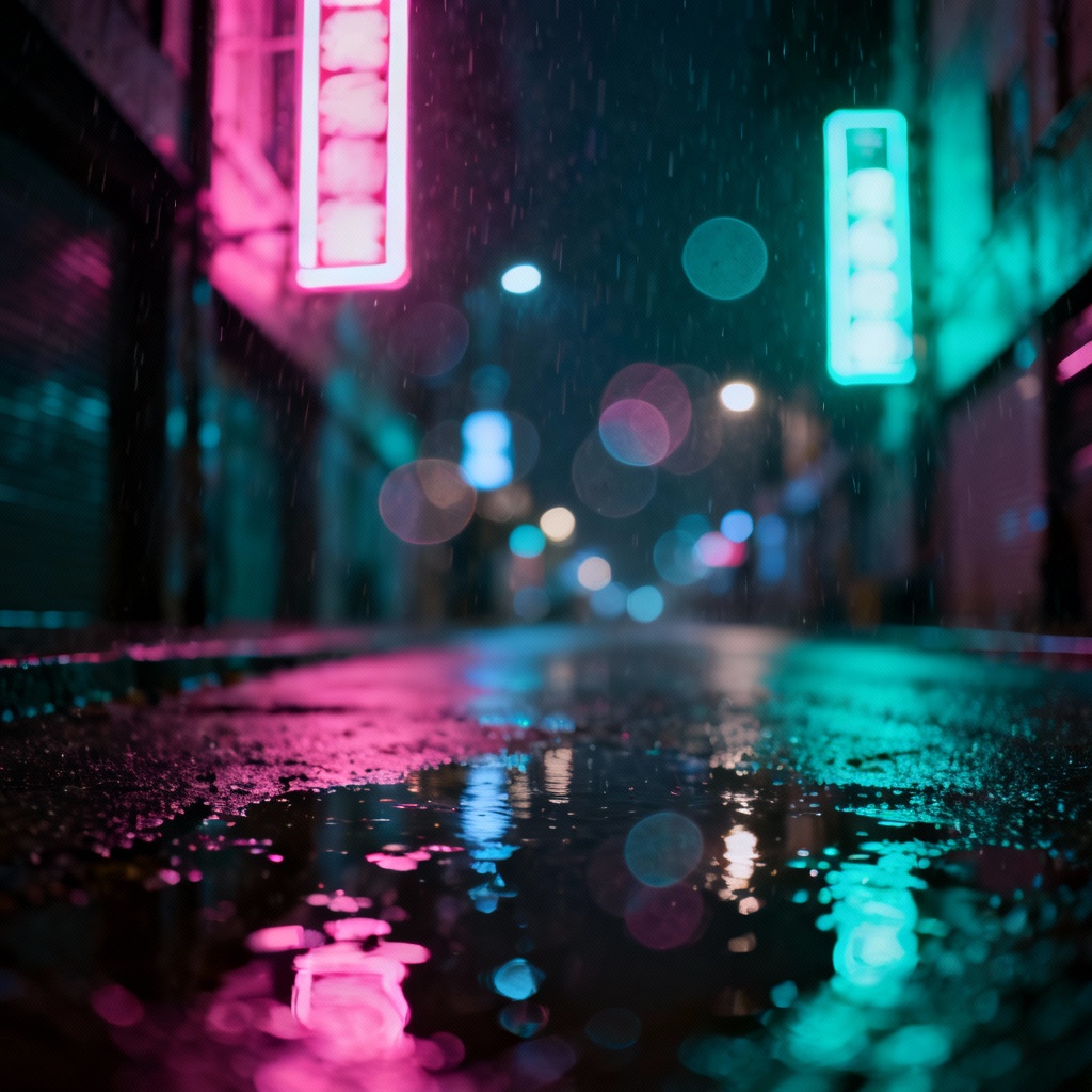 Dreamy neon night street scene with bokeh