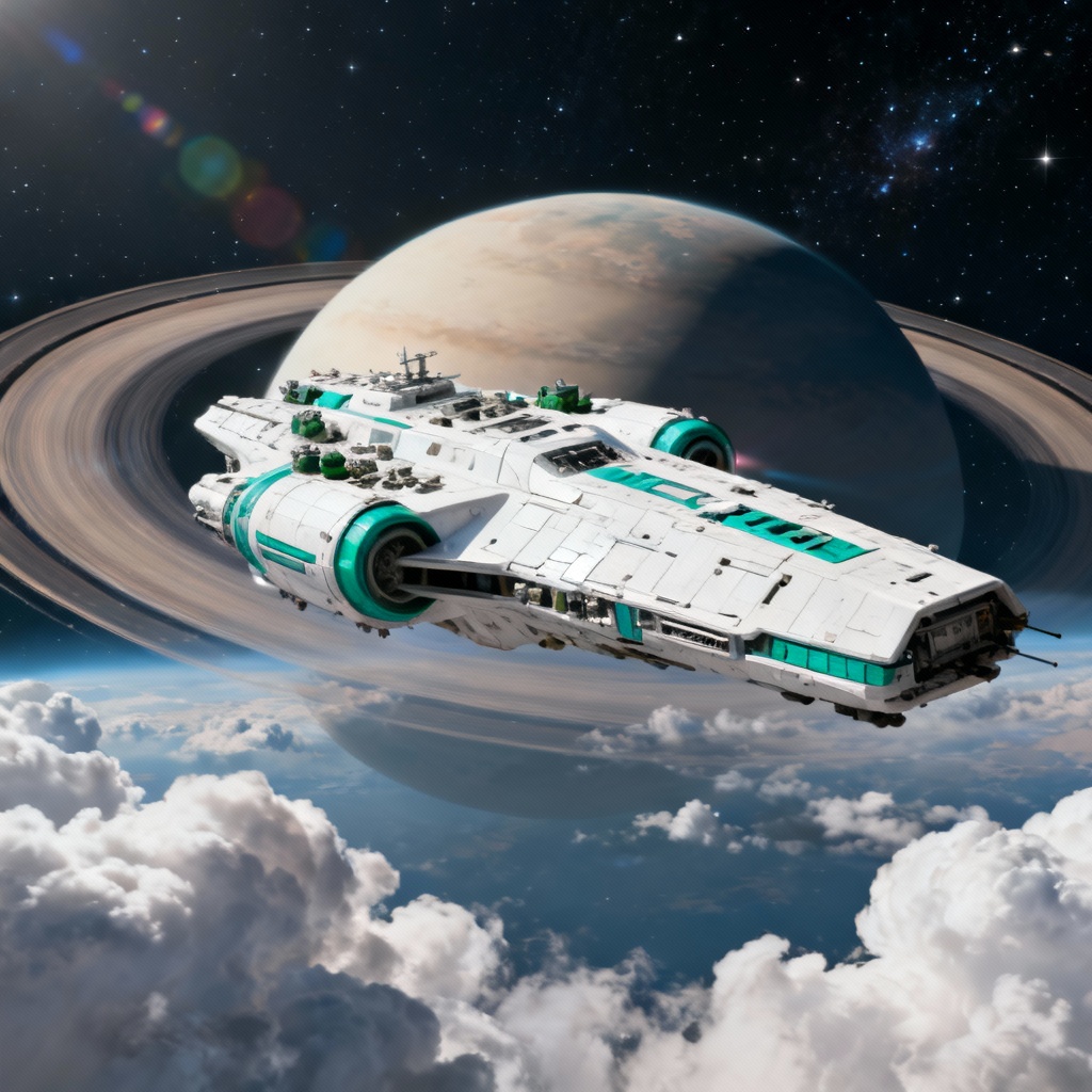 AI cinematic spaceship concept over a ringed planet