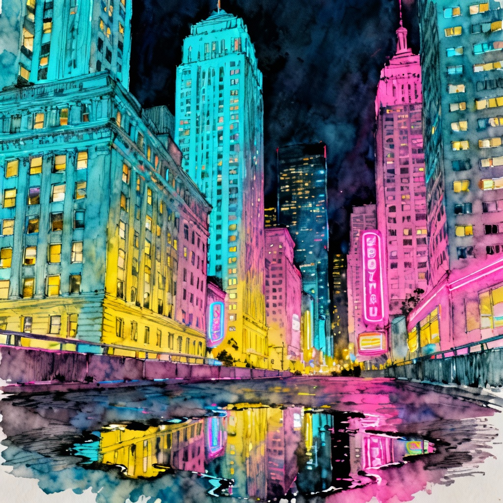 AI colorful neon city skyline sketch