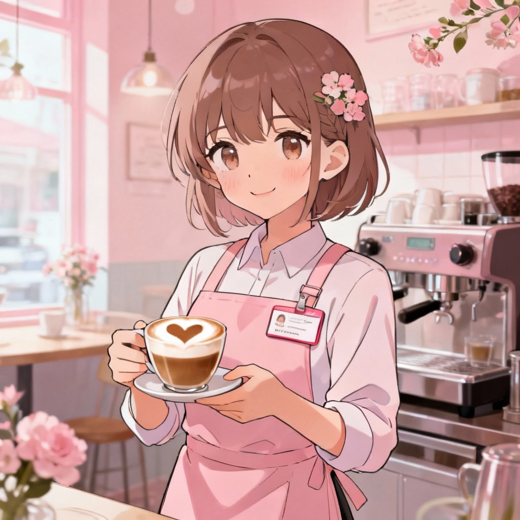 AI anime girl barista serving latte art in cafe